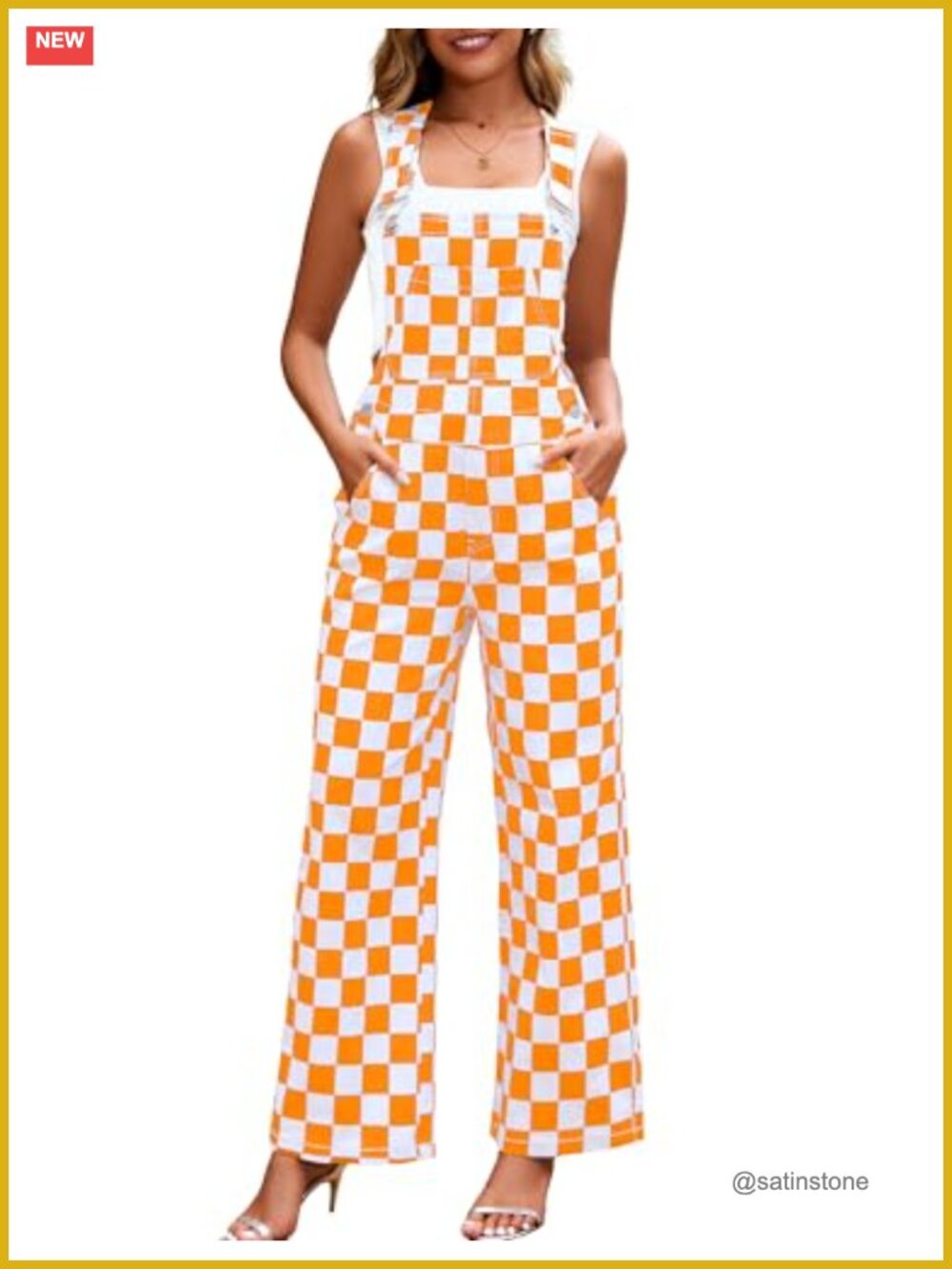 Women's Loose Fit Overalls Checkered Stretch Bib Jumpsuit Straight Leg
